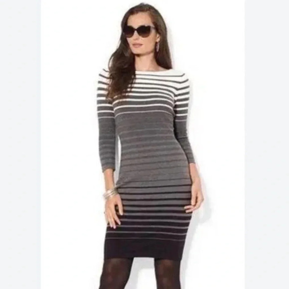 Lauren Ralph Lauren Ombre Grey White Black Striped Sweater Midi Dress Size Med M - Picture 1 of 11